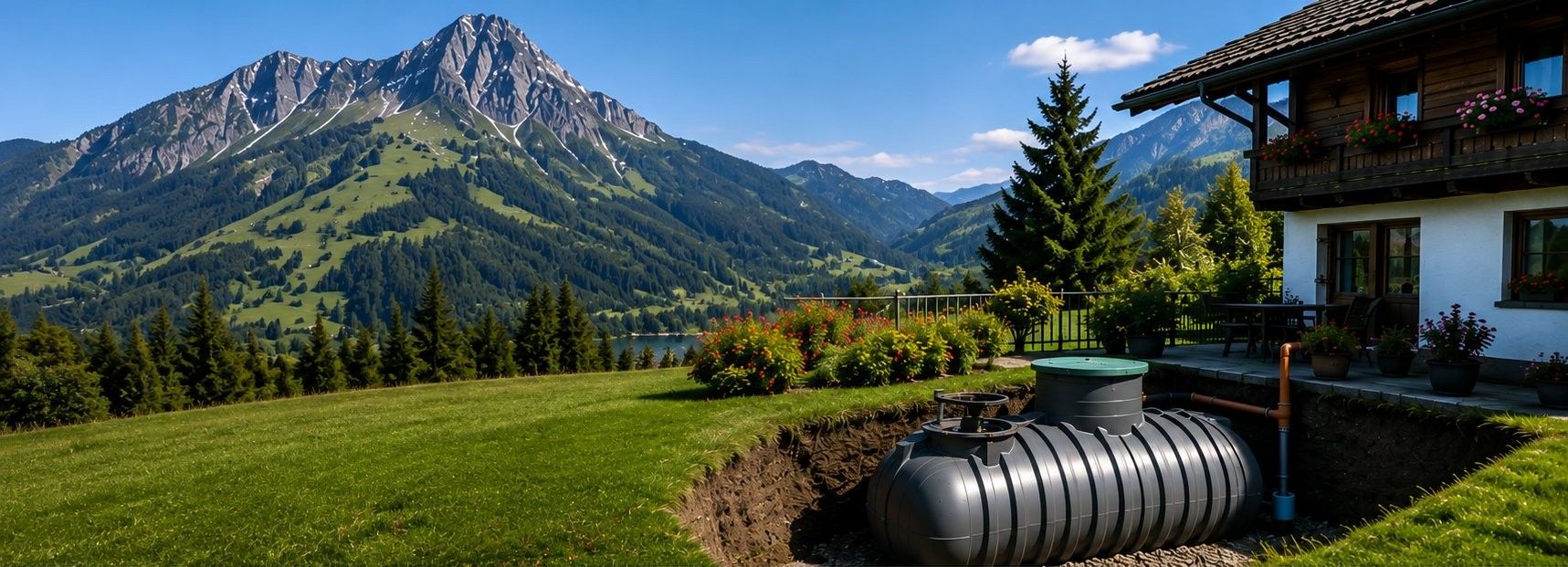 Regenwassertank im Garten mit Blick auf die Berner Alpen